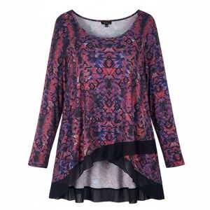 🌸3/$15🌸 Cupio 2X Purple Geometric Print Long Sleeve Asymmetrical Hem Tunic Top